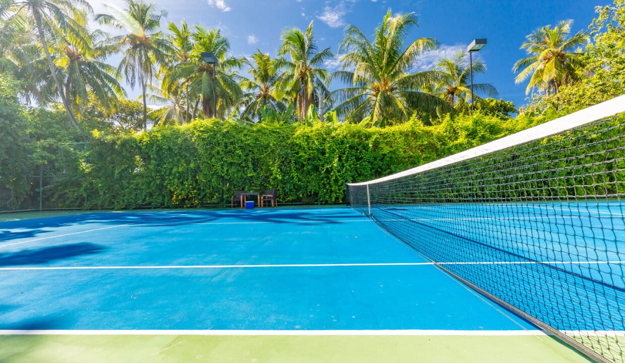Amazing,Sport,And,Recreational,Background,As,Tennis,Court,On,Tropical